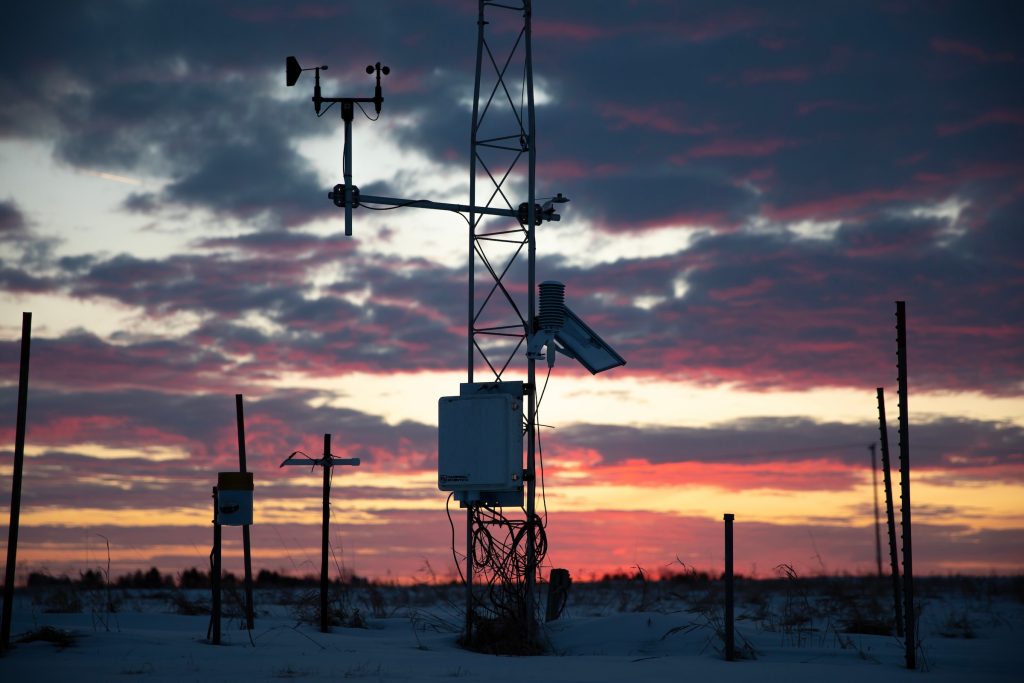 A weather station in a field at UW–Madison’s Arlington Agricultural Research Station in Arlington, Wisconsin.