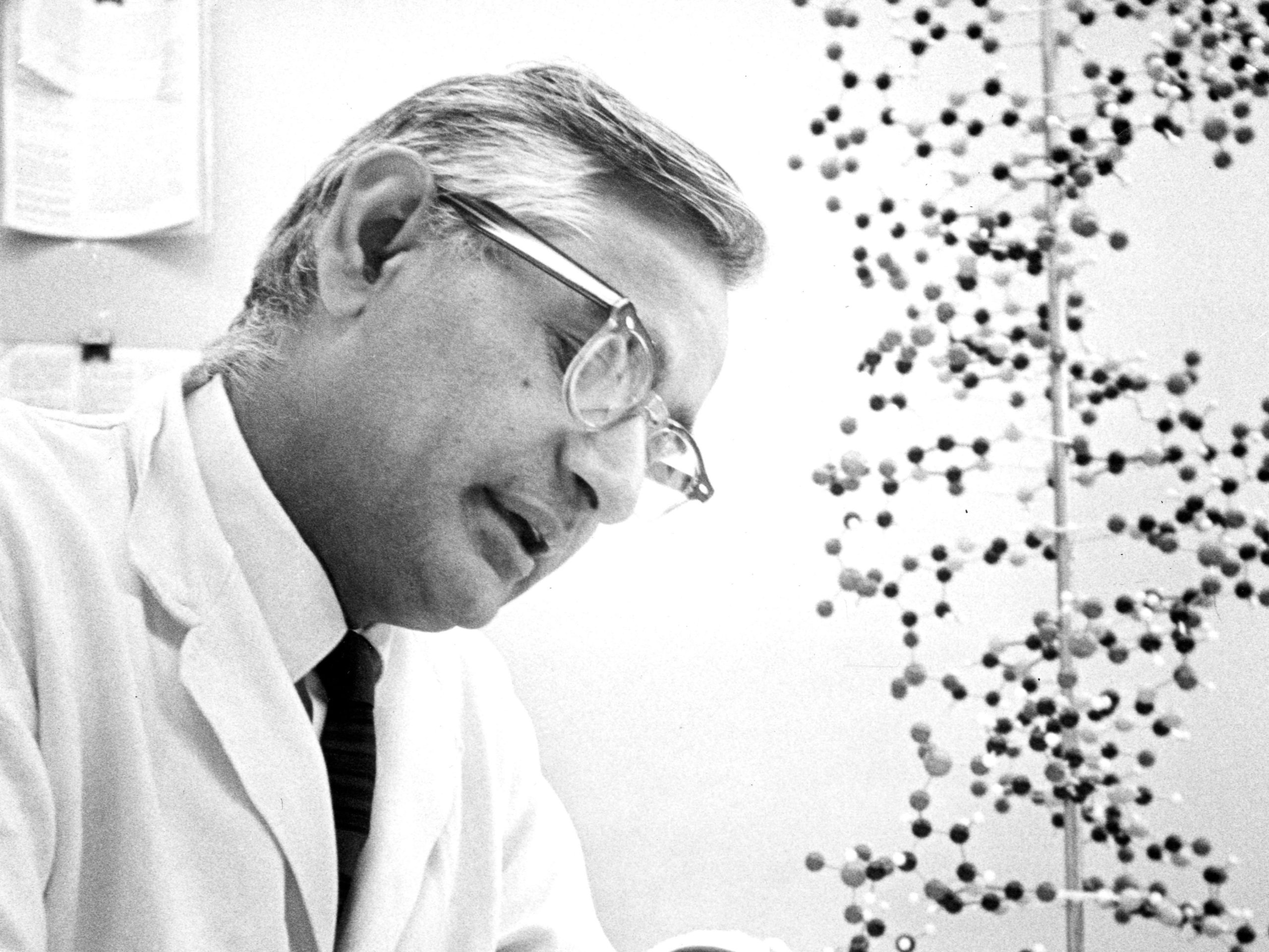 Har Gobind Khorana sits at a desk with a DNA model. Image from the University of Wisconsin–Madison Archives.