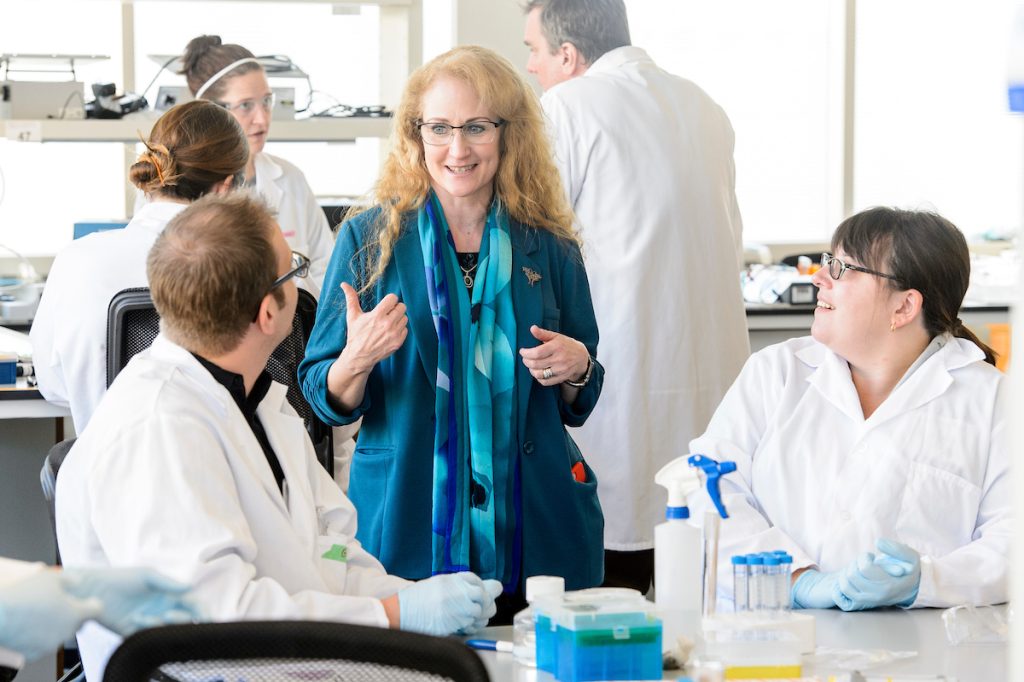 Jo Handelsman (center), talks with instructors from eight UW System schools and more than a dozen other colleges and universities as they take part in a workshop inside the Discover Lab at the Wisconsin Institutes for Discovery, which was founded by Handelsman. Photo by Bryce Richter / UW-Madison